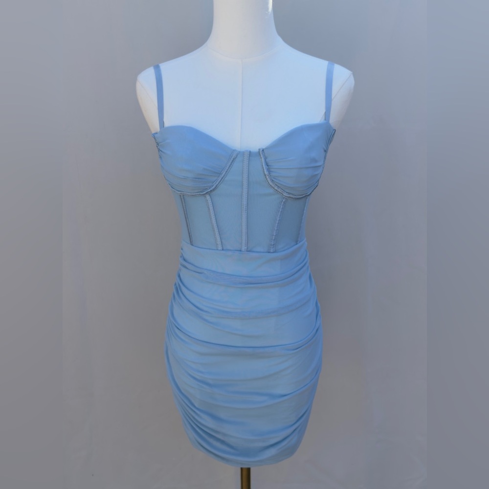 Bustier Corset Bodycon Mini Dress Powder Blue Ruched Y2K Party S